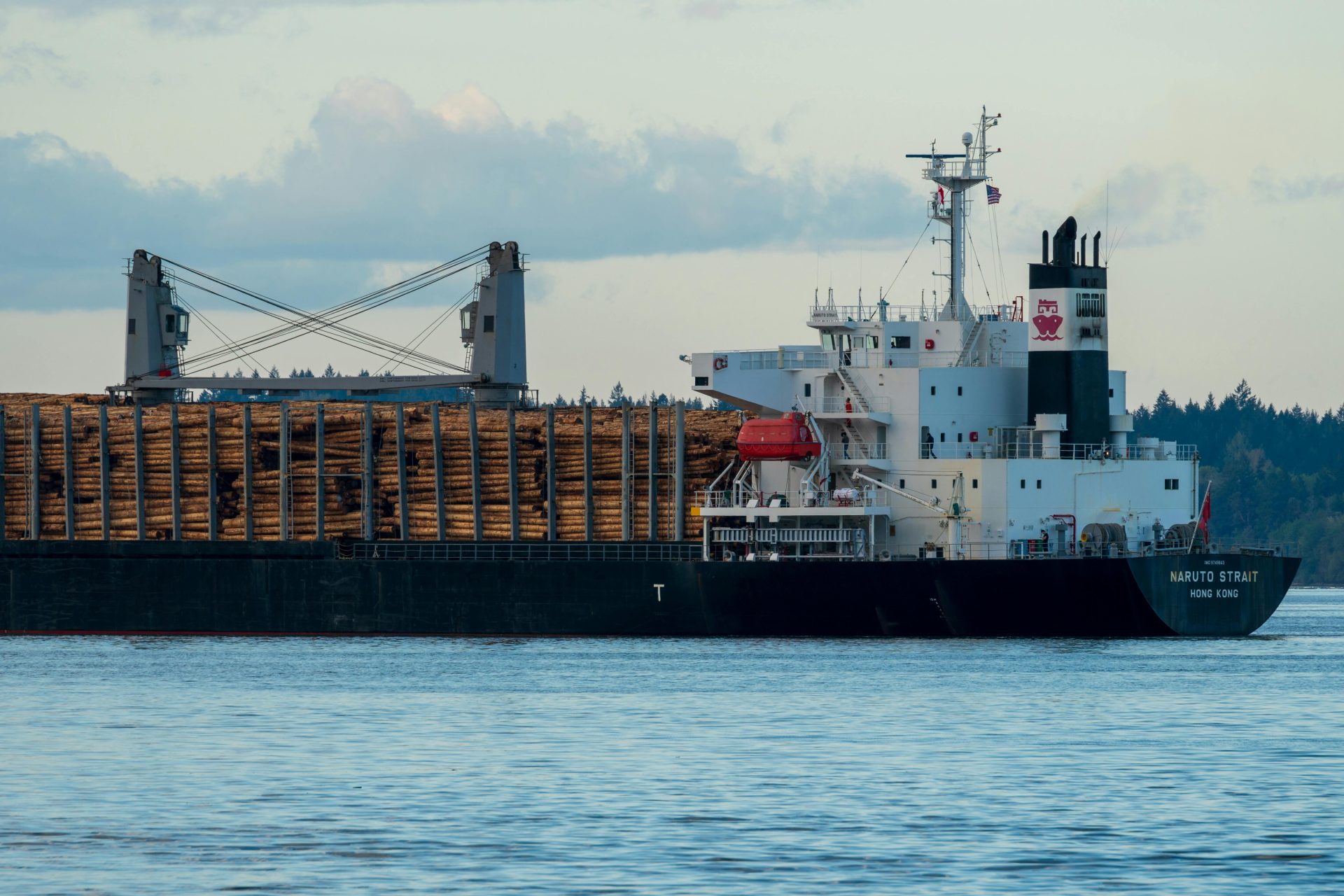 Un barco de carga cargado de troncos navega en las aguas cristalinas cerca de Olympia, Washington, durante el día.